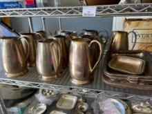 Shelf Lot of Victors Co Silver Soldered Water Pitchers and Serving Trays from King Cole Restaurant