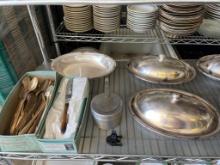 Shelf Lot of Serving Dishes and Flatware from King Cole Restaurant