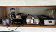 Shelf Lot of Counter Top Kitchen Appliances and Plastic Ware