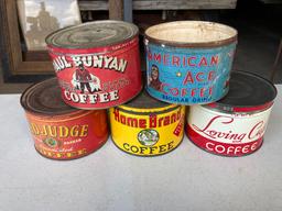 (5) Tin Coffee Cans, 1 without lid