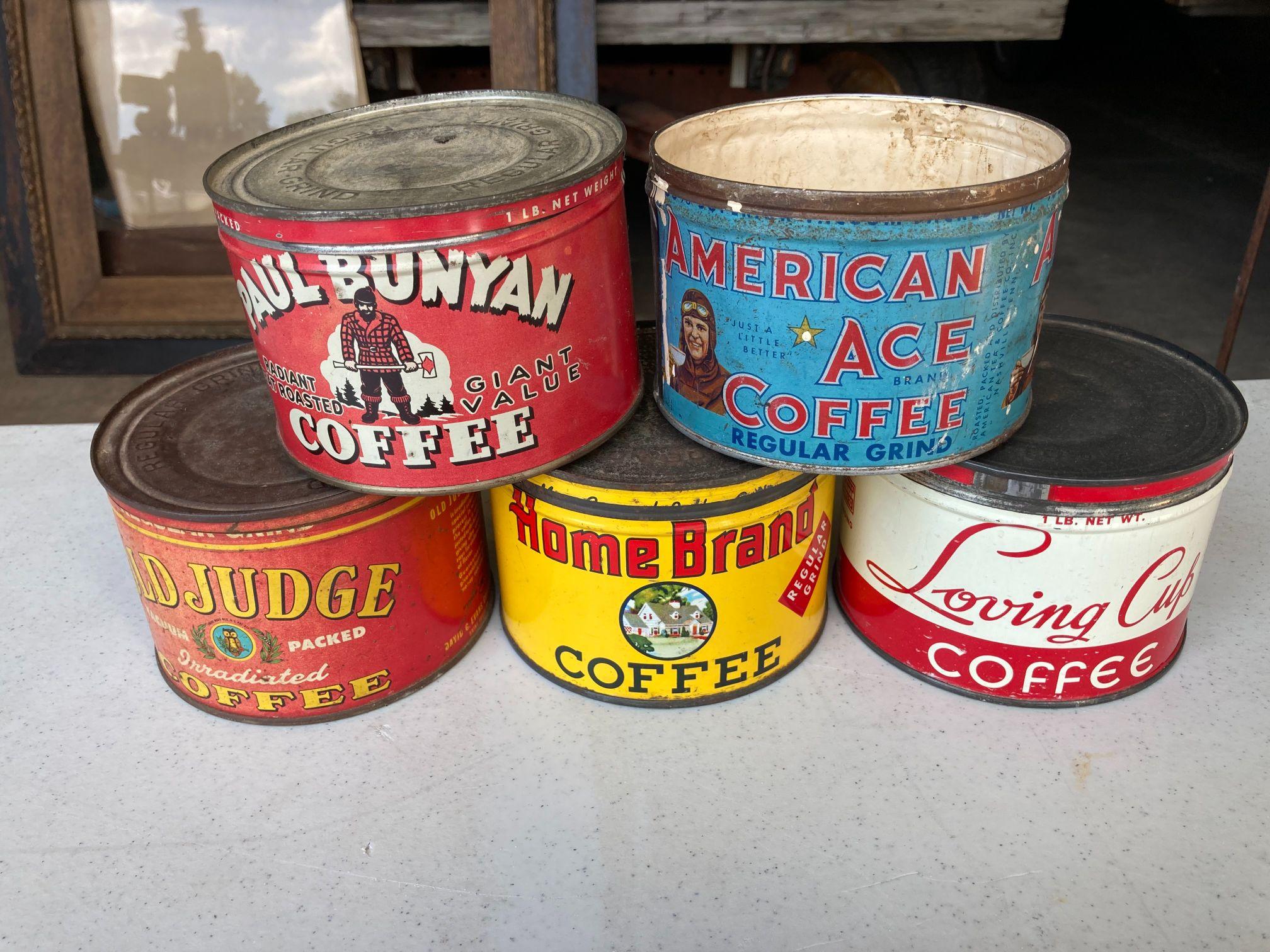 (5) Tin Coffee Cans, 1 without lid