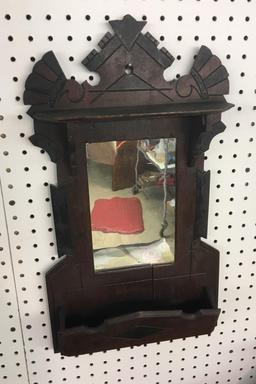 Antique wooden comb/ brush holder with vanity mirror