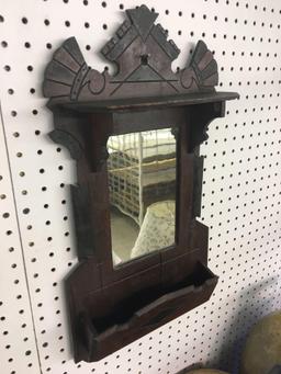 Antique wooden comb/ brush holder with vanity mirror