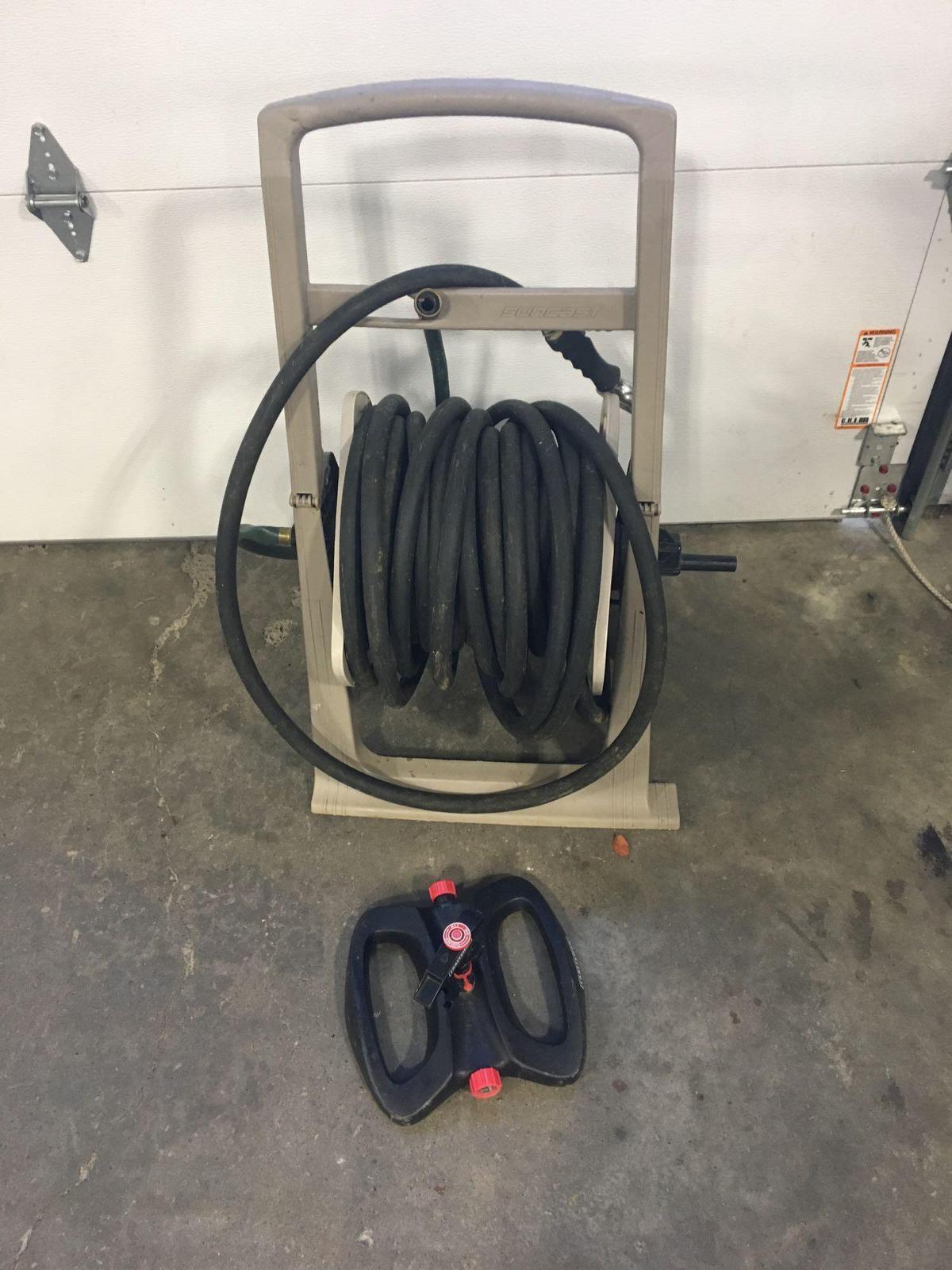 SUNCAST hose reel & garden hose, lawn sprinkler