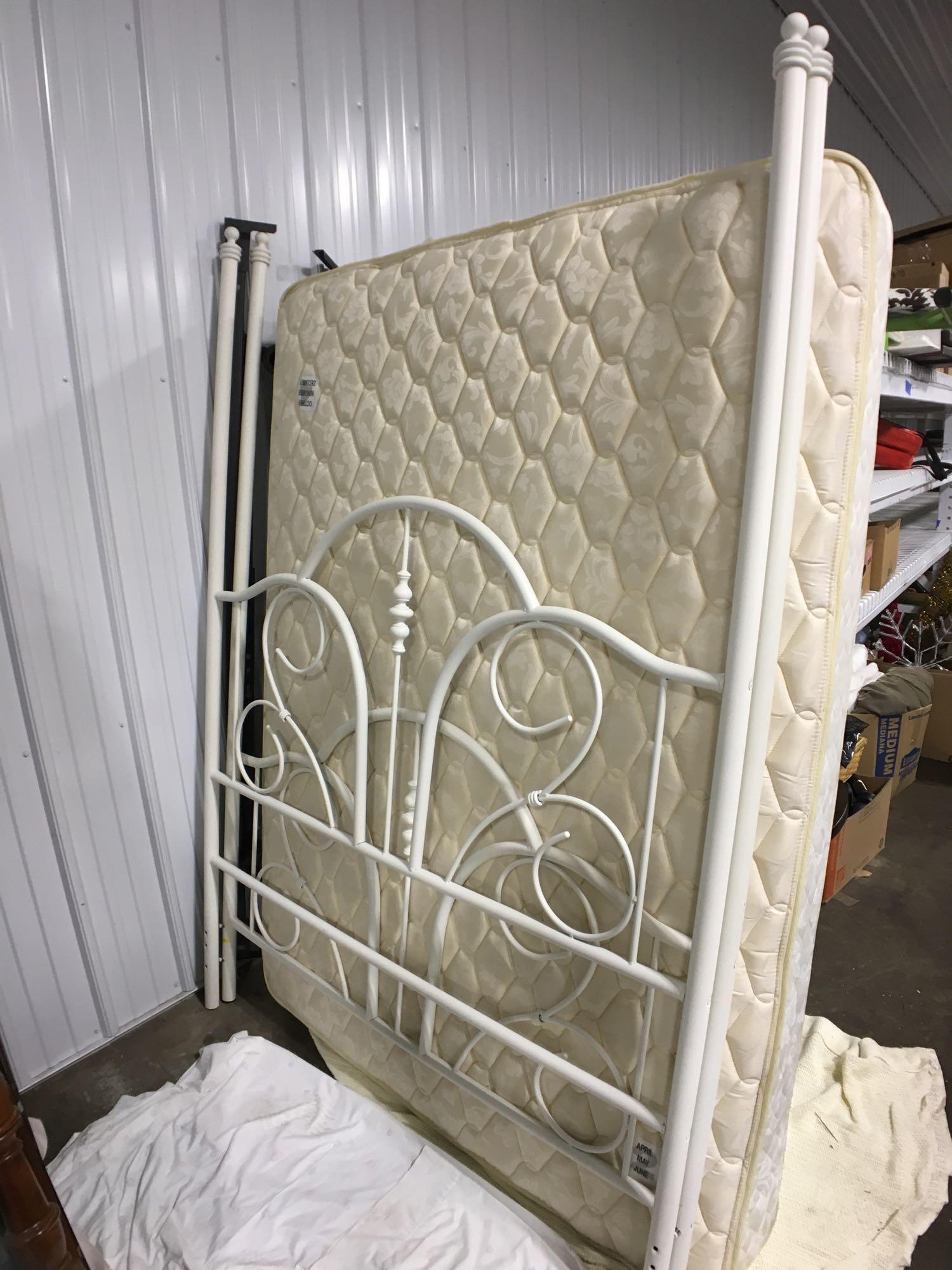 White metal scrolled bedframe, approx. full size mattress, box springs