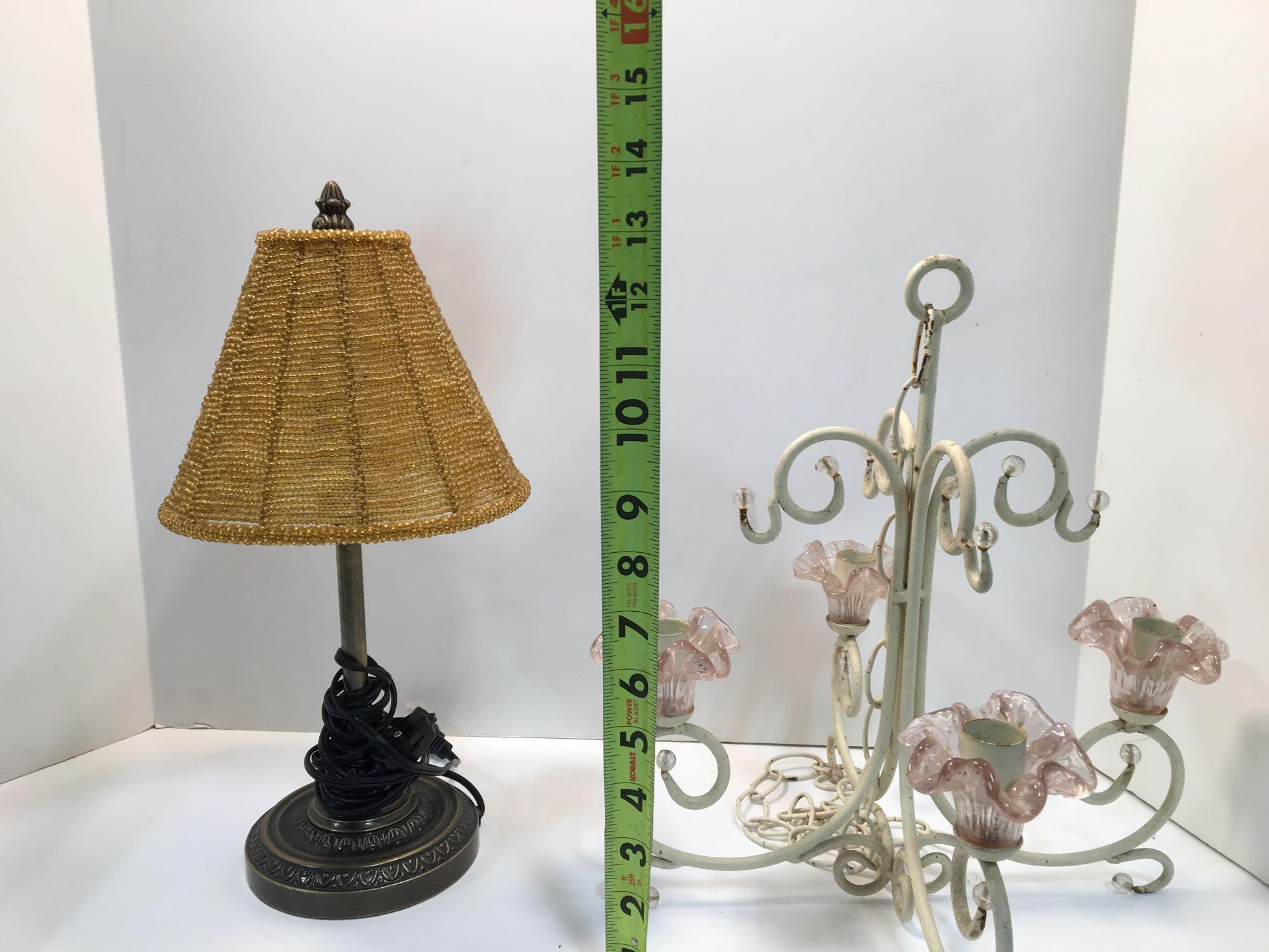 Candlestick chandelier with soft pink glass; yellow beaded electric table lamp