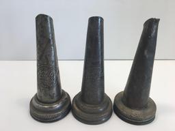 3 oil spouts for glass bottles(2-The Master Mfg Co Oil Spout Litchfield ILL Pat 1926 for Glass