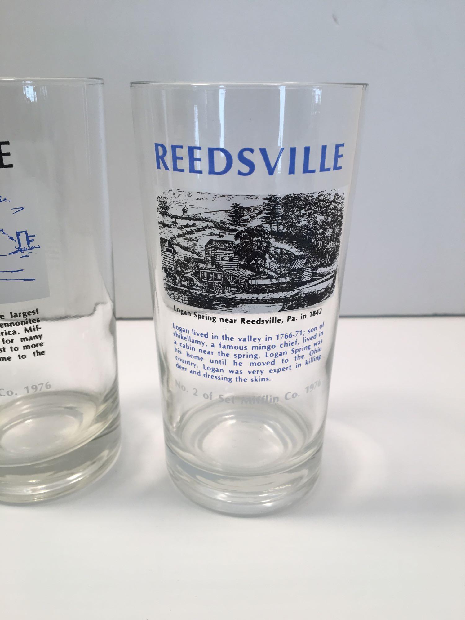 Set of 5 Mifflin Co. town glasses: McVeytown, Belleville, Reedsville, Granville Area