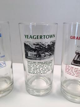 Set of 5 Mifflin Co. town glasses: McVeytown, Belleville, Reedsville, Granville Area