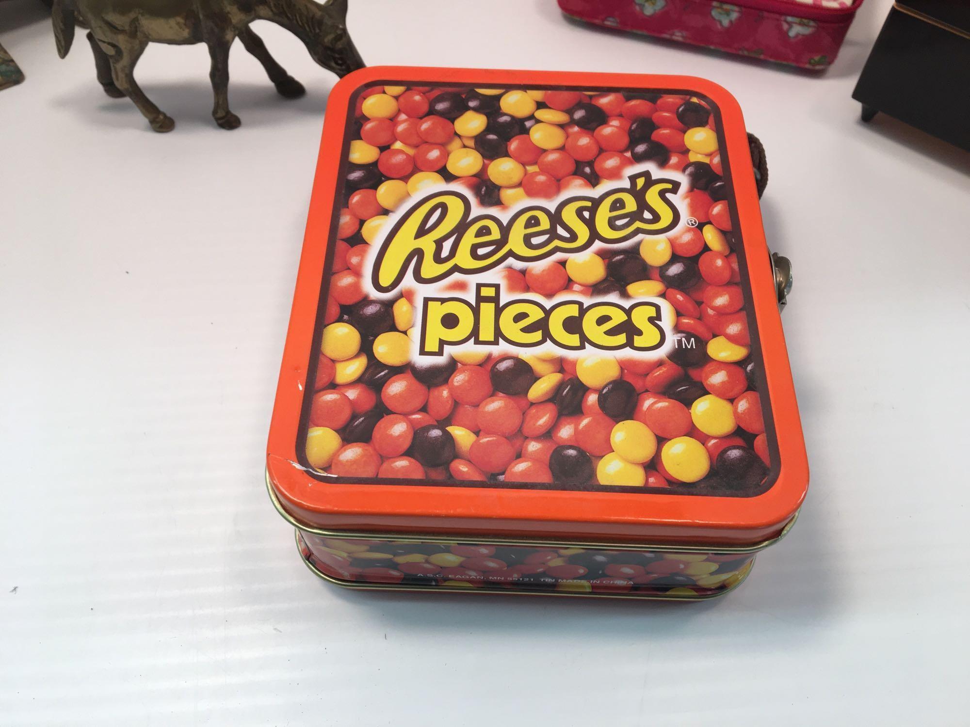Brass seal, horses, jewelry box, music box, Reese's Pieces tin