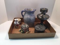 Kerosene lamp base, piggy bank, pitcher, more