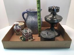 Kerosene lamp base, piggy bank, pitcher, more