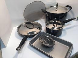 KITCHEN AID lot(stock pot/lid,saucepan/lid,fry pan/lid),more