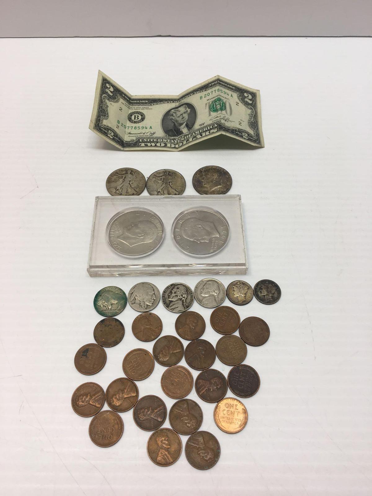 Vintage US currency and coins(including 2 standing Liberty half dollars'41,'44,mercury dimes and