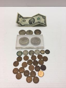 Vintage US currency and coins(including 2 standing Liberty half dollars'41,'44,mercury dimes and