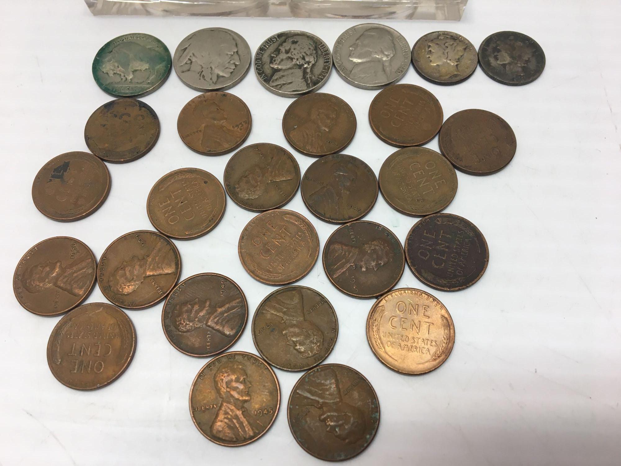 Vintage US currency and coins(including 2 standing Liberty half dollars'41,'44,mercury dimes and
