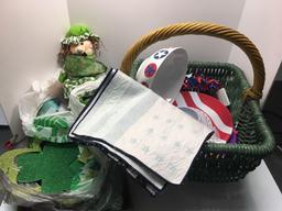 Green wicker basket, St. Patrick's Day decorations, Fourth of July decorations