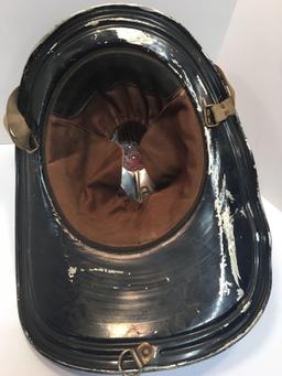 Antique metal CAIRNS fire helmet/leather front shield (2 EHFD)