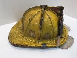 Vintage leather CAIRNS fire helmet/leather front shield(NEEDHAM 6 FIRE DEPT)
