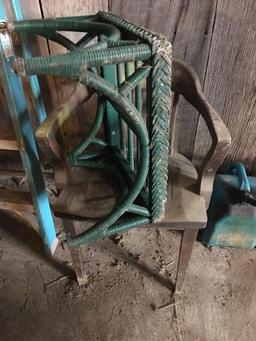 Wood chair, wicker end table