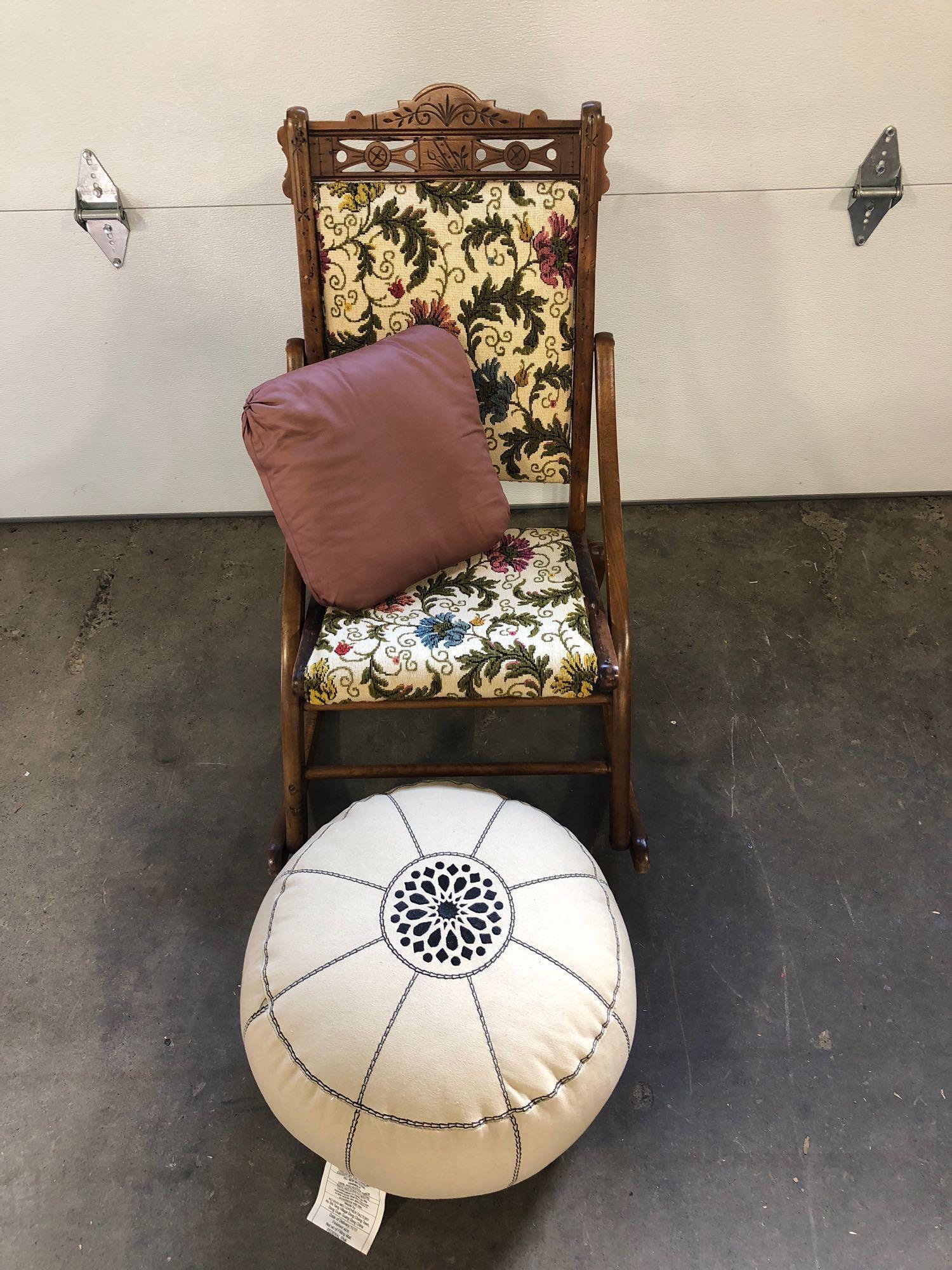 Antique folding rocking chair(Embroidered/needle point; foot stool and cushion)