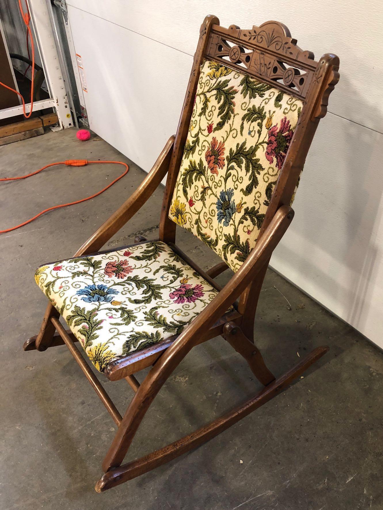 Antique folding rocking chair(Embroidered/needle point; foot stool and cushion)