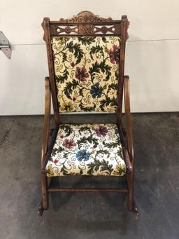 Antique folding rocking chair(Embroidered/needle point; foot stool and cushion)