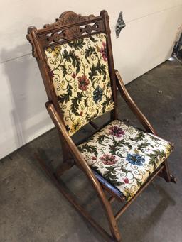 Antique folding rocking chair(Embroidered/needle point; foot stool and cushion)