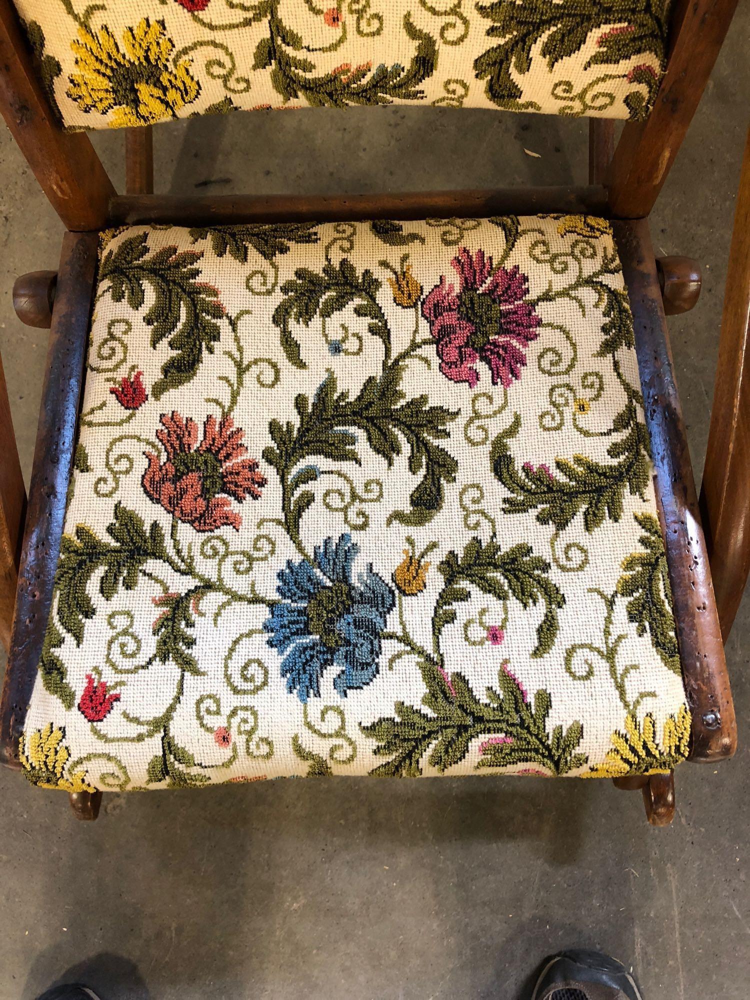 Antique folding rocking chair(Embroidered/needle point; foot stool and cushion)