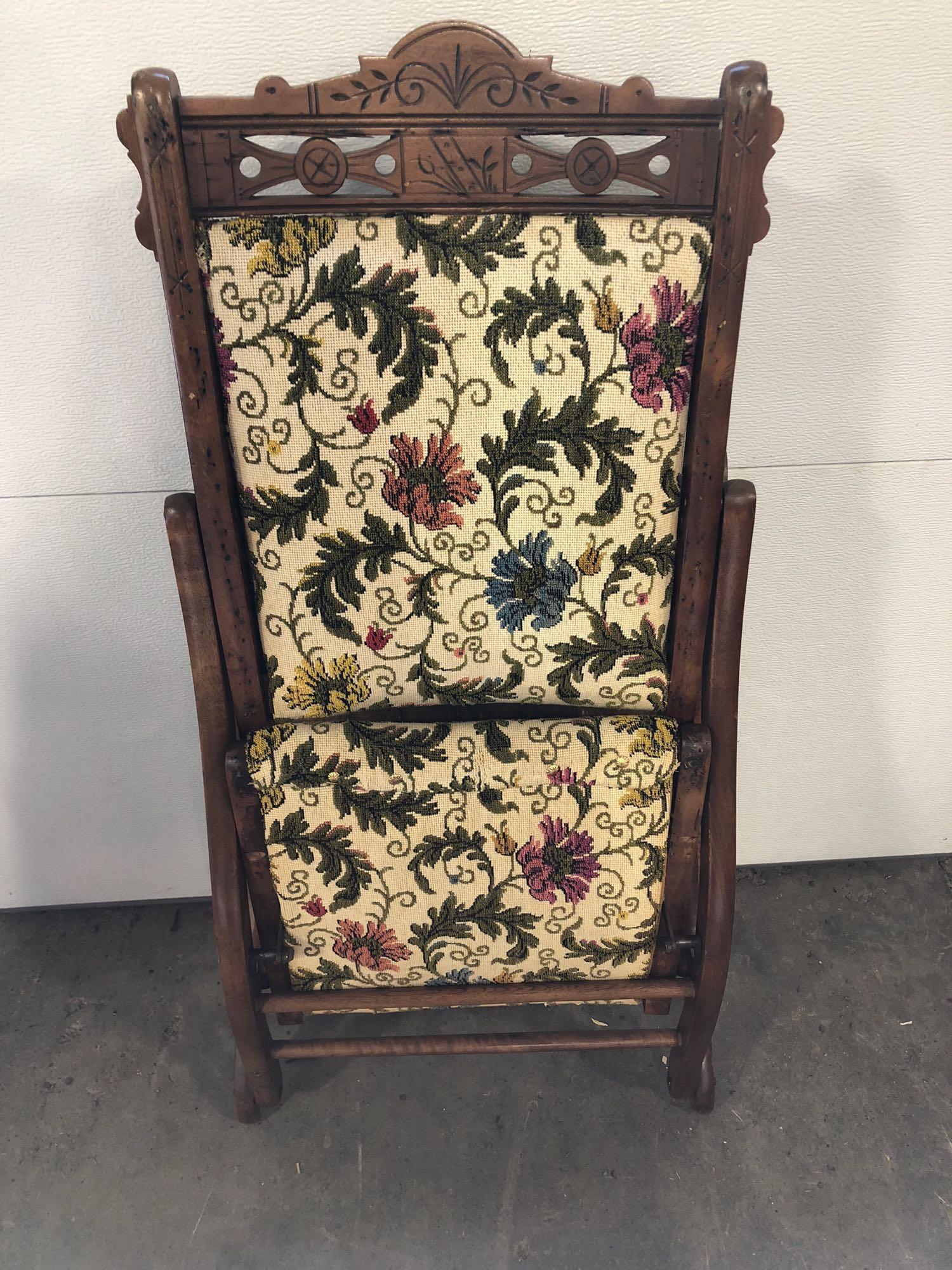 Antique folding rocking chair(Embroidered/needle point; foot stool and cushion)