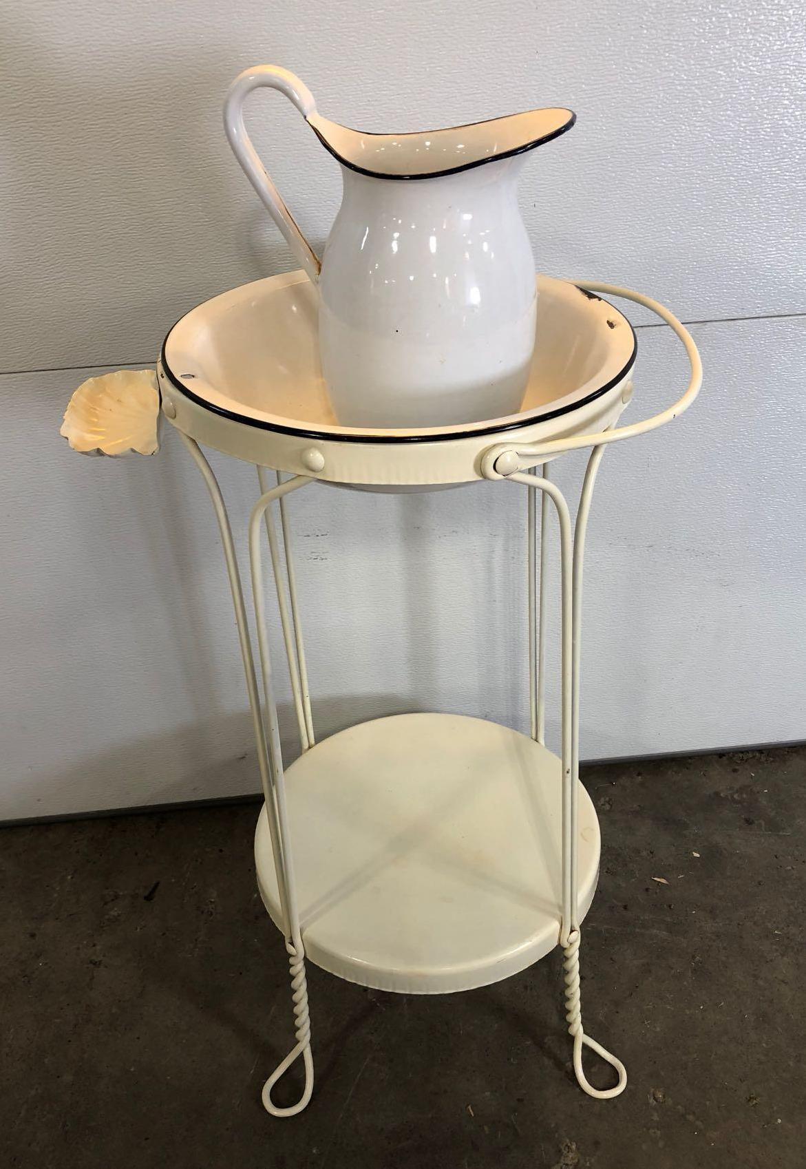 Antique metal wash stand/enamel pitcher and bowl