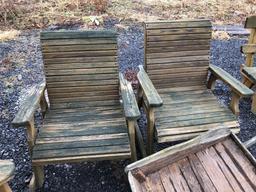 2 wooden outdoor rocking chairs,wooden decorative outdoor wheel barrel(needs front tire)