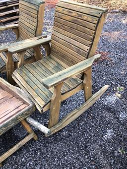 2 wooden outdoor rocking chairs,wooden decorative outdoor wheel barrel(needs front tire)