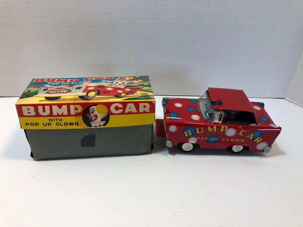 Vintage tin/litho BUMP CAR /Pop Up Clown with original box
