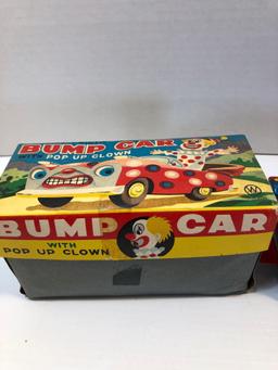 Vintage tin/litho BUMP CAR /Pop Up Clown with original box