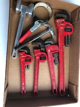 Pipe wrenches, small brass handle hammer, oil filter wrench, more