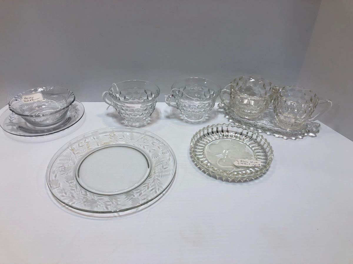 HEISEY glass dish and saucer,AMERICAN FOSTORIA cups and creamer/sugar set,glass plate,glass