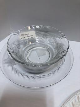 HEISEY glass dish and saucer,AMERICAN FOSTORIA cups and creamer/sugar set,glass plate,glass
