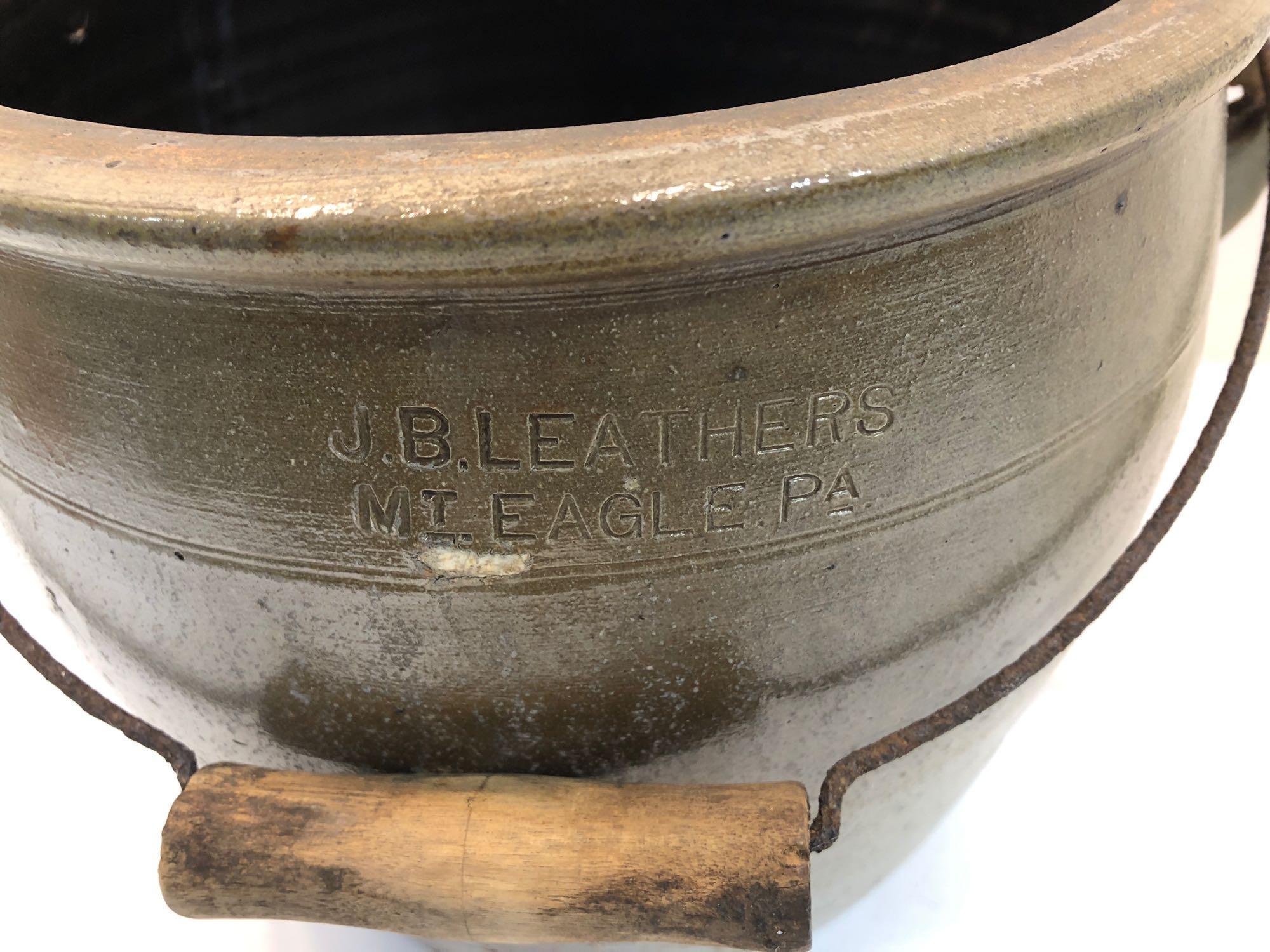 J. B. LEATHERS MT EAGLE PA 2 Gallon stoneware crock with bail handle.