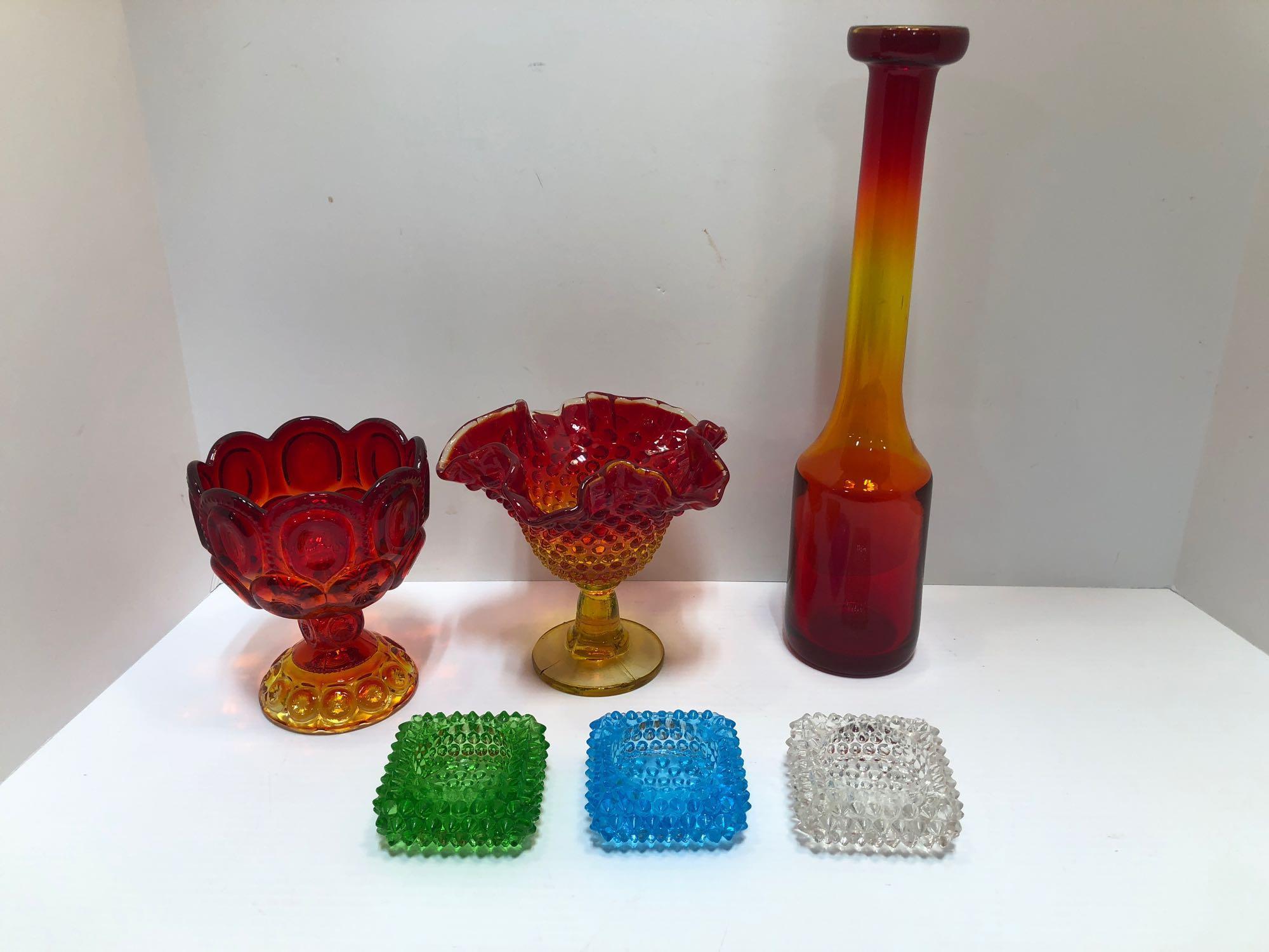 Amberina glassware,vase,salt dips