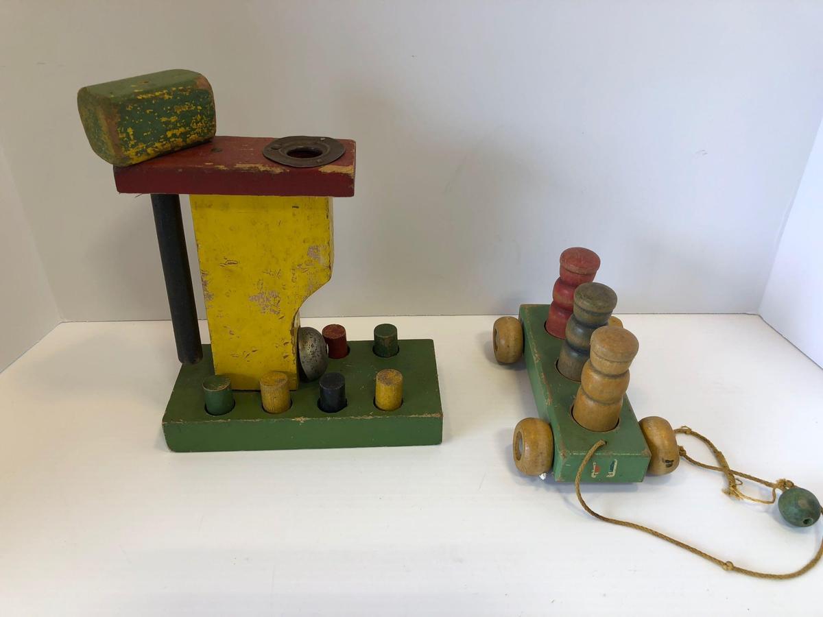 Vintage wooden HOLGATE pull toy ,vintage wooden peg and hammer toy