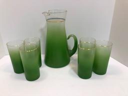 Vintage green frosted glass pitcher/carafe and glasses
