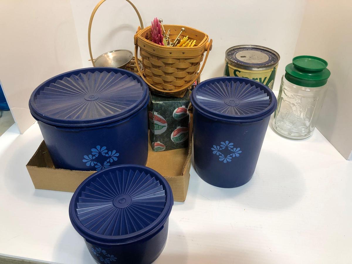 Tupperware canister set, collectible tins,LONGABERGER basket,more