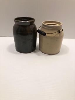 2- small Stoneware/pottery jars (1- with bale handle;brown one marked COWDEN &WILCOX)