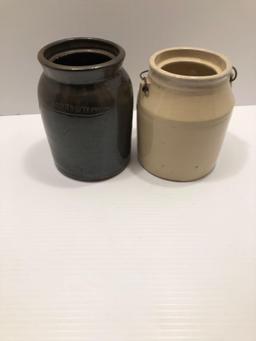 2- small Stoneware/pottery jars (1- with bale handle;brown one marked COWDEN &WILCOX)