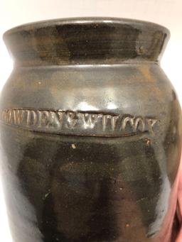 2- small Stoneware/pottery jars (1- with bale handle;brown one marked COWDEN &WILCOX)