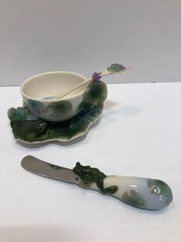 FRANZ Porcelain Amphibia Frog Cup/Saucer/Spoon set(FZ00015),Franz Collection Frog Spreaders