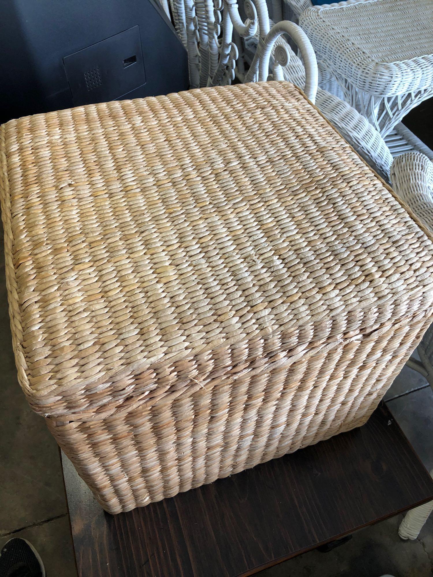 Wicker ottoman, wicker trash basket