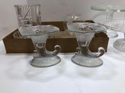 Cornucopia candle holders, vase, cake stands, more