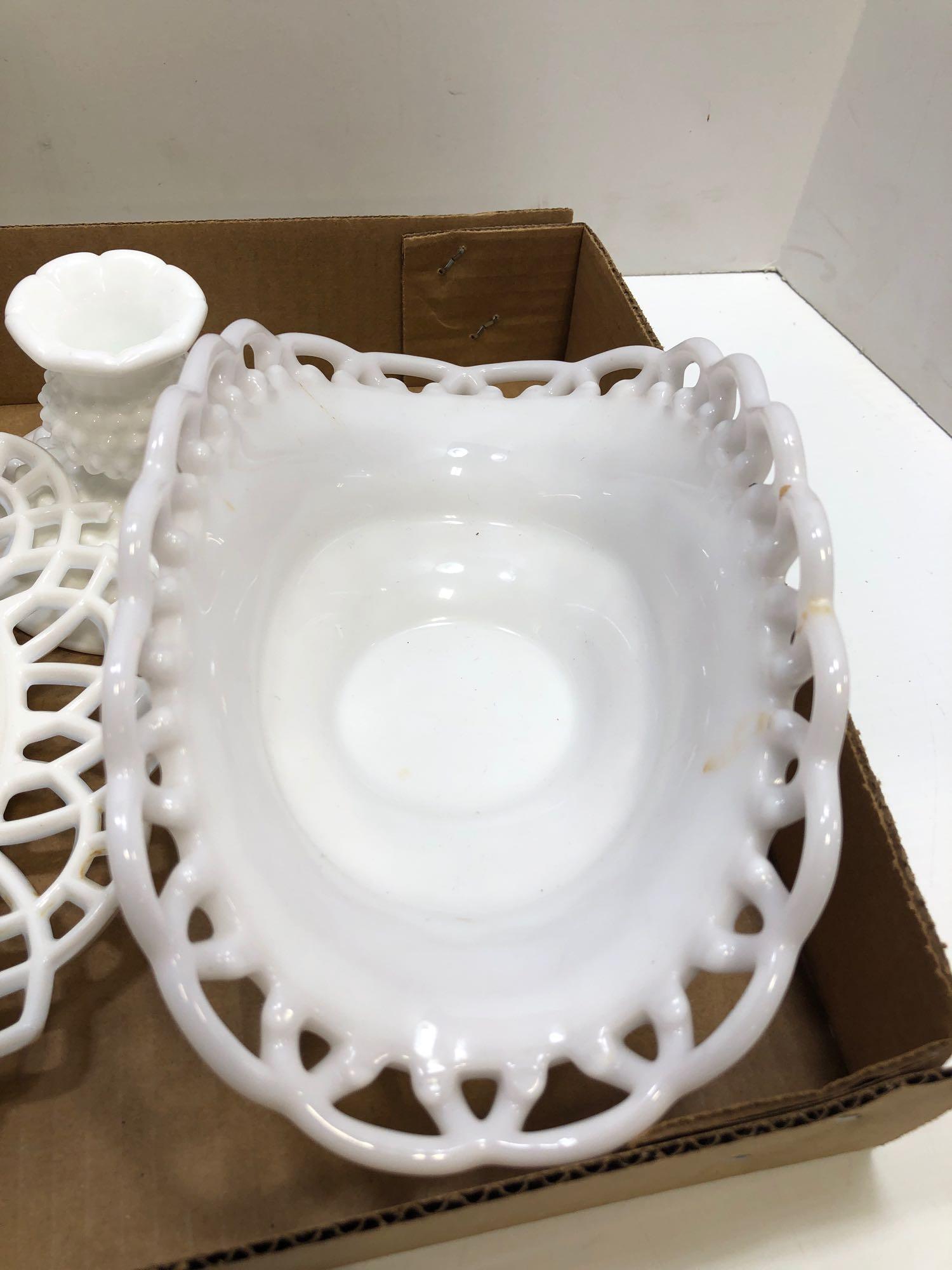 Milk glass candle stick holders, center piece, serving plate